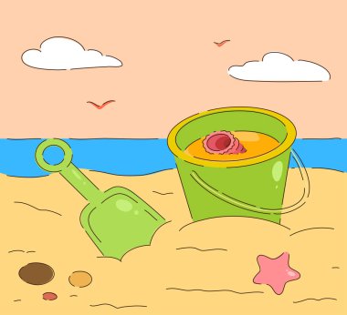 Parlak yeşil bir kova, renkli bir kürek ve çeşitli deniz hazinelerinin sergilendiği canlı ve canlı bir sahil sahnesi.