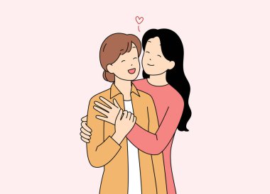 Yumuşak pastel renklerle betimlenmiş iki kadının sevgi dolu bir kucaklaşmayı paylaştığı hoş ve tatlı bir illüstrasyon