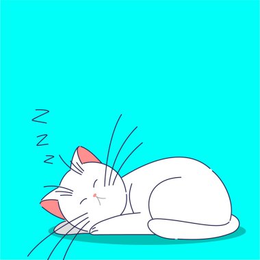 Bu, parlak turkuaz bir arka planda uyuyan sevimli beyaz bir kediyi gösteren sevimli bir illüstrasyon.