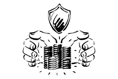 Güvenli eller ve koruyucu bir kalkan kullanarak zenginliğin korunmasını temsil eden kavramsal bir görüntü.