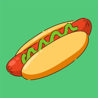 Parlak yeşil bir arka planda klasik bir sosislinin canlı, renkli ve eğlenceli bir çizimi.