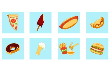 Canlı bir yemek ikonu koleksiyonunda pizza, dondurma, hamburger ve abur cubur gibi lezzetli şeyler yer alır.