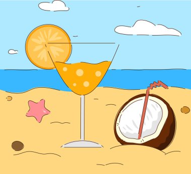 Lezzetli bir hindistan cevizinin yanında ferahlatıcı bir kokteyl içeren canlı ve canlı bir tropikal plaj sahnesinin tadını çıkarın.