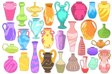 Değişik renkler ve eşsiz tasarımlar içeren parlak ve canlı bir dekoratif vazo.