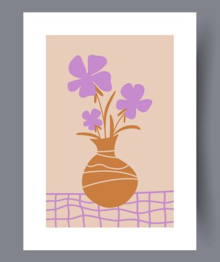 Ev dekorasyonunu geliştirmek için mükemmel, canlı çiçekli güzel bir vazonun yer aldığı modern bir sanat eseri.