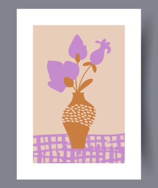 Sanat severler için ideal, dokulu bir arka planda canlı mor çiçekli bir vazonun çarpıcı modern sanat baskısı.