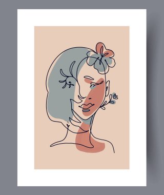 Zarif ve soyut bir portre. Çiçek tasarım elementleri, yumuşak pastel gölgelerle birleştirilmiş güzel bir şekilde sergileniyor.