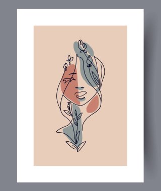Çiçekli elementler ve yumuşak renklerle sarmalanmış bir kadının yüzünün olduğu minimalist bir illüstrasyon..