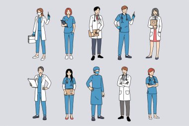 Çeşitli tıbbi rolleri somutlaştıran sağlık çalışanlarının geniş bir yelpazesini gösteren çeşitli bir tasvir.