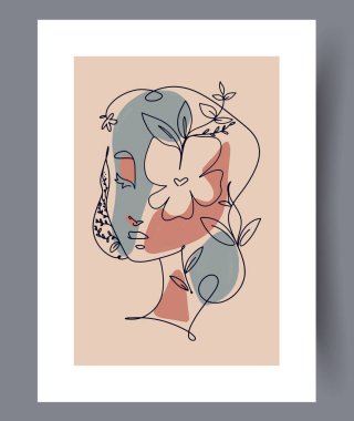 Güzel çiçekler ve yapraklarla süslenmiş zarif bir kadın profilinin şık bir çizgisi.