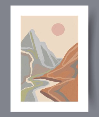 Huzurlu ve soyut bir tasvir. Nehir kıyısında huzur verici renklerde sunulan dağlar sergileniyor.