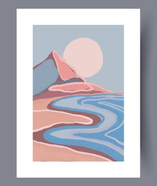 Büyüleyici bir dağ manzarasının güzel, sakin ve sanatsal tasviri. Pastel bir gökyüzünün altında akan bir nehir.