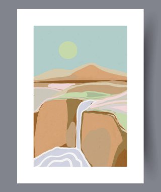 Güzel biçimlendirilmiş bir şelale, dağlar ve yumuşak bir güneşi gösteren sakin ve büyüleyici bir manzara.