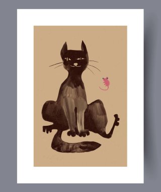 Oyunbaz bir siyah kedi, neşe ve haz veren tuhaf bir şekilde resmedilmiş şirin bir farenin yanında oturur.