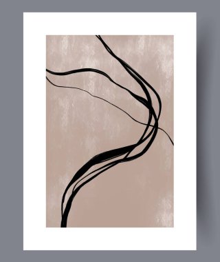 Bej bir arka planda akan siyah çizgilerin yer aldığı zarif soyut sanat eserleri, modern dekor için mükemmel..