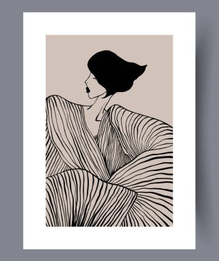 Akan çizgiler ve minimalist tasarım ile karakterize edilmiş bir kadın tasviri.