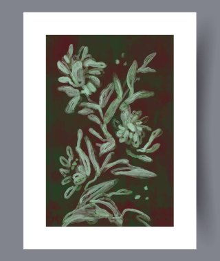 Bu güzel, çarpıcı çiçek çizimi canlı yeşil renkler sergiliyor. Koyu bir arka planda zarif bir zıtlık var.