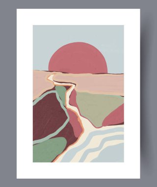 Güzelce biçimlendirilmiş bir manzara, ışık saçan bir güneş ve sessiz, yumuşak renklerde akışkan organik şekiller sergiliyor.