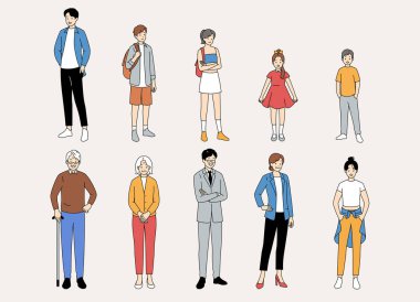 Eşsiz ve şık kıyafet kombinasyonları giymiş çeşitli karakterleri gösteren bir illüstrasyon.