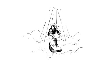 Göksel ışık ve kabarık bulutlarla çevrili, dalgalı giysiler içinde huzurlu ve dingin bir figür.