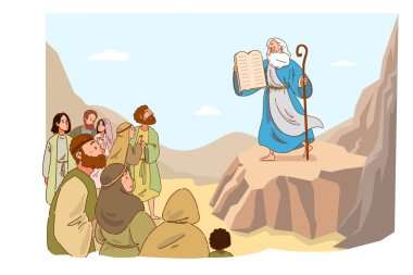 Musa, toplanan kalabalığa seslenerek temel On Emir 'i içeren tabletleri yükseltti.