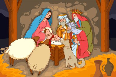 Meryem, Yusuf ve çeşitli ziyaretçilerle İsa 'nın mucizevi doğumunu anlatan canlı bir doğum sahnesi.