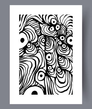 Çarpıcı siyah beyaz motifler ve dönen desenler içeren ilgi çekici soyut bir sanat eseri.