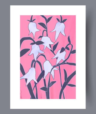 Enfes ve büyüleyici bir illüstrasyon. Zarif çan çiçekleri sergileniyor. Canlı pembe bir zemin üzerine kurulmuş.