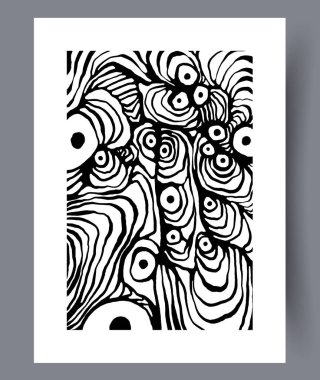 Göz motifleriyle birlikte kıvrımlı çizgiler içeren karmaşık ve büyüleyici siyah ve beyaz bir tasarım.