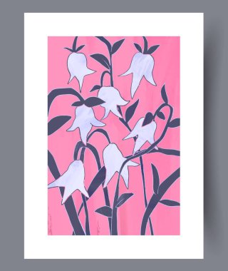 Bu canlı ve renkli bir sanat eseri. Güzel pembe bir arka planda şekillendirilmiş çan çiçeklerini sergiliyor.