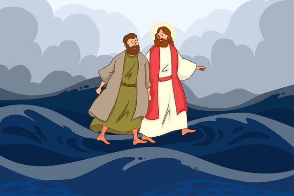 An illustration shows Jesus and a disciple walking on stormy waters, highlighting faiths power and miracles