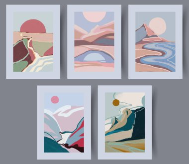 Bu modern tasarımların yanı sıra yumuşak pastel renkler içeren beş soyut manzara sanat eserinden oluşan bir koleksiyon.