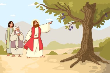 Bu resim İsa 'nın müritleriyle çevrili, bir incir ağacının önemine odaklanmış huzurlu bir sahnesini tasvir ediyor.