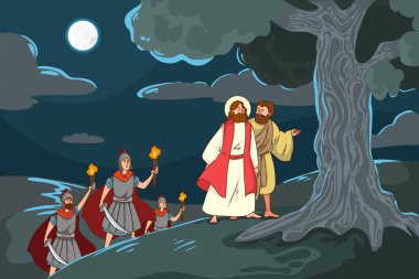 Bir illüstrasyon, İsa 'nın ay ışığı altında konuştuğunu ve Roma askerlerinin yakınlarda gerginliği vurguladığını gösteriyor.
