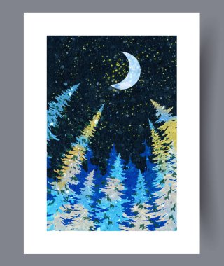 Huzurlu ve sakin bir orman bölgesini aydınlatan hilal şeklinde bir ayın yer aldığı çok güzel canlı bir gece sahnesi.