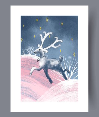 Lezzetli ve büyüleyici bir ren geyiği sevinçle pembe, karlı bir arazide yıldızlı bir gökyüzünün altında sıçrıyor.