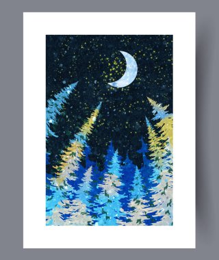 Her yerde canlı yeşil ağaçların üzerinde parıldayan hassas hilal şeklindeki bir ayın olduğu büyülü bir gece sahnesi.