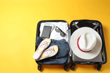 Renkli arka planda şapka ve maske olan valiz