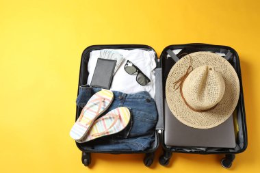 Şapkalı bavul ve arka planda güneş gözlüğü