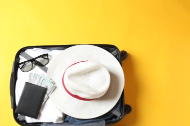 seyahat konsepti bavul, şapka ve pasaport