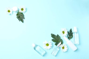 Kozmetik şişeler, papatya çiçekleri ve açık arkaplanda nane yaprakları. düz yatış, üst görünüm