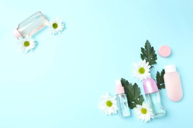 mavi arka planda papatya, çiçek ve kozmetik içeren düz bir kompozisyon