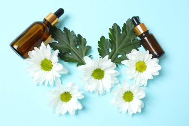 Mavi arka planda papatya çiçekli kozmetik şişeleri ve papatya çayı..