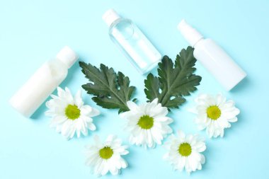 Mavi arka planda kozmetik krem ve papatya çiçeği