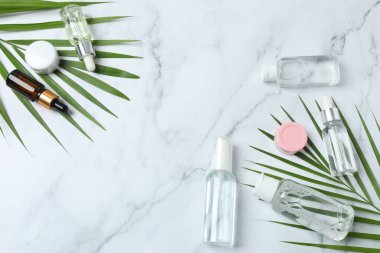 düz konum kozmetik şişeleri ve açık arkaplanda tropik yapraklar