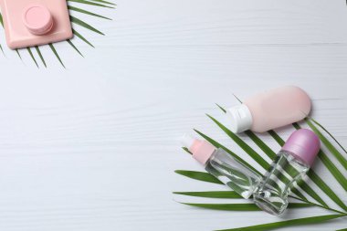 Açık gri arka planda farklı kozmetik ürünleri var. Metin için boşluk