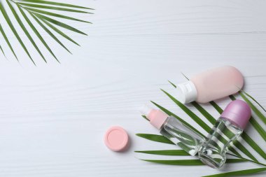Beyaz arka planda bir şişe kozmetik krem ve tropikal palmiye yaprağı..