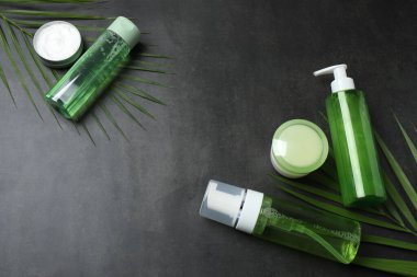 Gri zemin üzerinde kozmetik yağ, salatalık ve okaliptüs şişeleri olan bir kompozisyon. Metin için boşluk