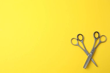 Renk arkaplanı üzerinde makas ve tarak. Metin için boşluk