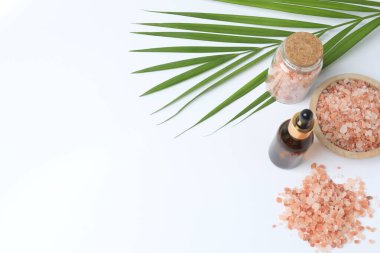 Beyaz arka planda doğal kozmetik ürünleri, palmiye yaprağı ve deniz tuzu.